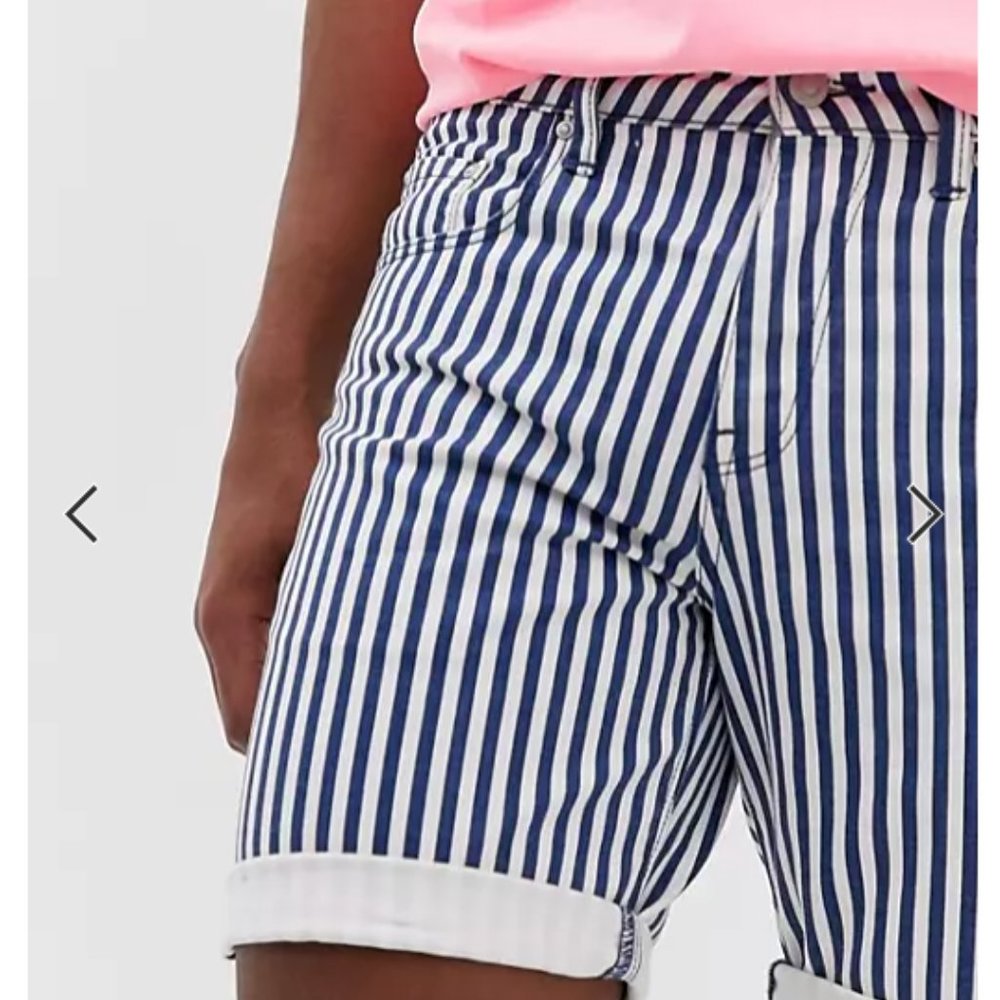 ASOS slim denim shorts in blue pin stripe